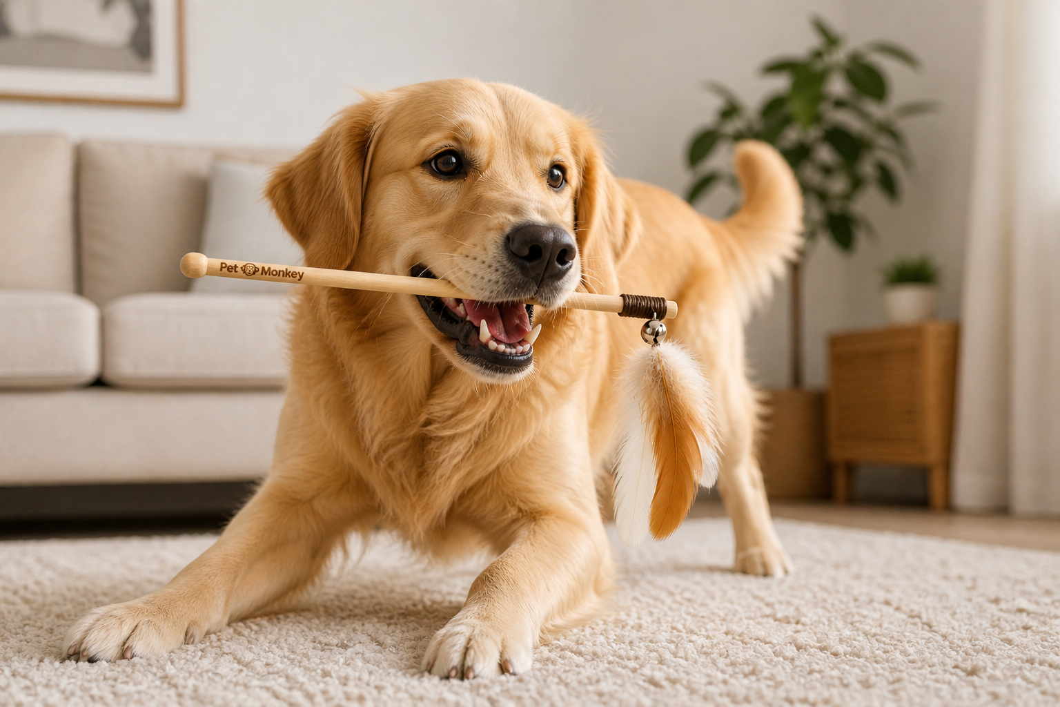 Pet Monkey Feather Teaser Wand Dog Toy – Interactive Training & Play Stick with Bell & Feathers (Wood Handle, Engaging Pet Toy) - Image 5